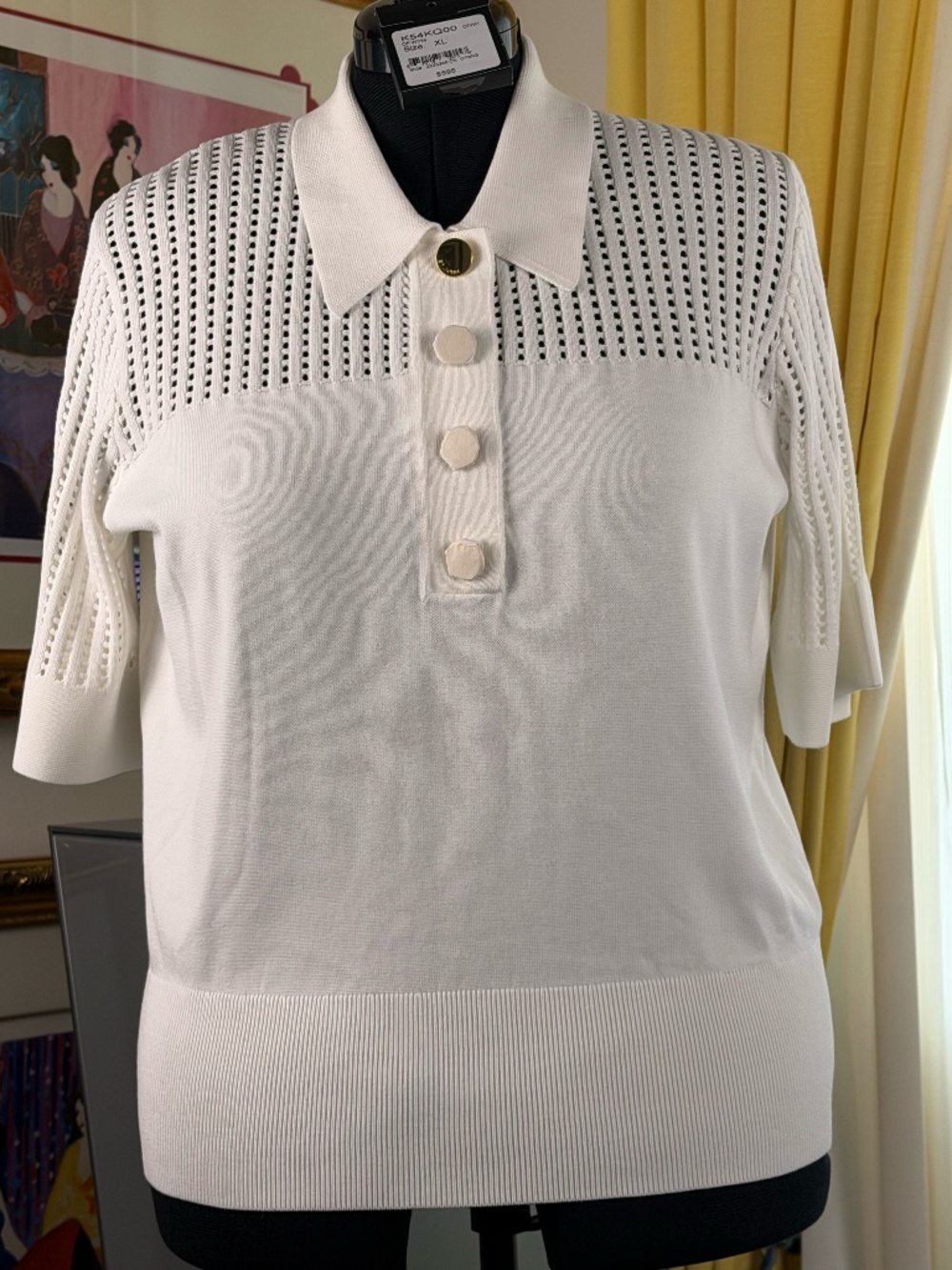 NEW WITH TAGS ST. JOHN COLLECTION POINTELLE OPEN KNIT POLO SWEATER